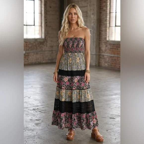 NWT Angie Boho Mixed Floral Print Crochet Smocked Strapless Maxi Dress - Picture 1 of 5